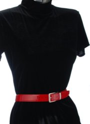 red patent leather dress belt on black velvet blouse