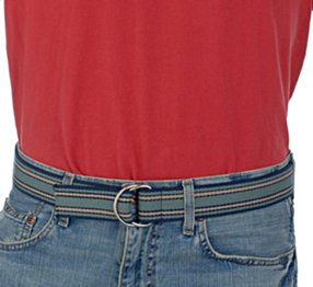 red shirt with blue and khaki striped D-ring belt