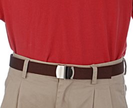 red polo shirt with dark brown military belt