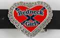 heart-shape enameled belt buckle with "Redneck Girl" over red and blue rebel flag