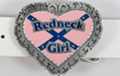 heart-shape enameled belt buckle with "Redneck Girl" over pink and blue rebel flag