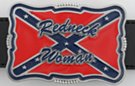 rectangular enameled pewter belt buckle with "Redneck Woman" over rebel flag