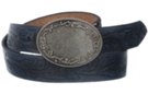 traditional western buckle on embossed black belt strap