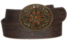 brown leather western belt with rhinestone filigree buckle