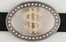 belt buckle, rhinestone studded and encircled golden dollar sign