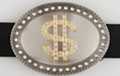 belt buckle, rhinestone studded and encircled golden dollar sign