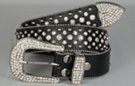 black rhinestone and stud leather belt with 3-piece rhinestone buckle set