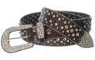 premium rhinestone and stud brown leather belt with 3-piece rhinestone buckle set