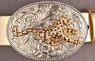 buckle, chrome oval with rhinestones on gold leopard