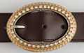 oval center bar buckle rimmed with chrome pebbles and rhinestones