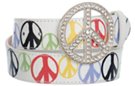 white leather belt with rhinestone peace buckle buckle