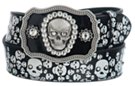 black and white leather belt with rhinestone skull buckle buckle