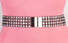 stretch belt; rhinestones set in black plastic and strung with elastic cord