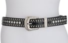 black 1-1/2" leather strap belt with central row 1/2" white rhinestones banked by double rows of knob studs, western-style cast squash blossom buckle and keeper