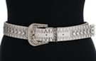 white 1-1/2" leather strap belt with central row 1/2" white rhinestones banked by double rows of knob studs, western-style cast squash blossom buckle and keeper