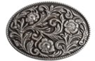 rhinestone floral design on oval pewter belt buckle