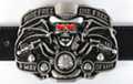 belt buckle with red eyed skeleton in tux on bike