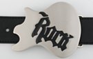 chrome guitar shaped belt buckle with "Rock" in black letters