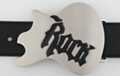 chrome guitar shaped belt buckle with "Rock" in black letters