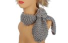 small gray knit scarf with rosette