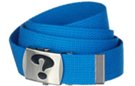 question mark buckle on blue web belt