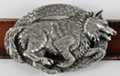 western pewter belt buckle with profile of running wolf on oval ring