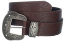 brown leather western belt with rhinestone buckle