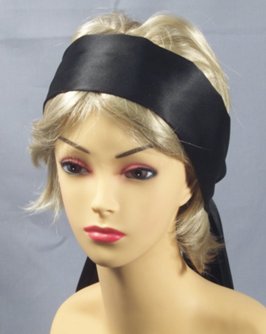 satin black belt scarf worn as headwrap