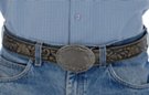 traditional western buckle on embosses black belt strap