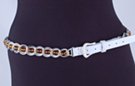 chain belt with white leather tab; double smooth twisted links and round amber inset beads