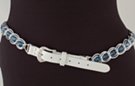 silver chain belt: double links inset with transparent sky blue faceted beads; white leather tab with silver buckle