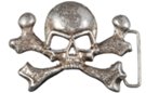 antique silver belt buckle, hollow eyed chrome skull and crossbones