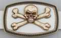 skull and crossbones on leather and brass belt buckle
