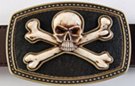 skull and crossbones on leather and brass belt buckle