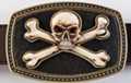 skull and crossbones on leather and brass belt buckle
