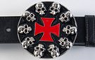 belt buckle, chrome skulls about red cross