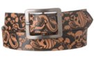 solid cowhide leather belt, rectangular pewter buckle, skulls and snakes