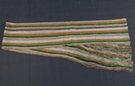 brown, beige and green slim scarf, loose weave with foil thread, 4" wide and 66" long plus 9" fringe at ends