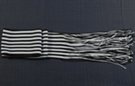 black and white striped slim scarf, light knit weave from soft poly yarn, 4" wide and 66" long plus 9" fringe at ends