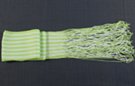 spring green and white striped slim scarf, light knit weave from soft poly yarn, 4" wide and 66" long plus 9" fringe at ends