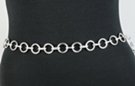 chain belt: smooth silver 7/8" rings joined by textured silver chain links; extension chain comprises very small textured oval and circle links tipped by tiny silver drop