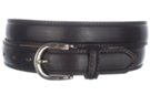 medium width double stitch leather dress belt, nickel polish buckle with leather keeper