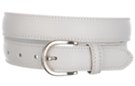 medium width white leather dress belt, nickel buckle, leather keeper
