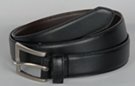 1-1/8" low gloss black single stitch leather dress belt, top grain finish, rectangular 1-3/4" nickel polish buckle with leather keeper