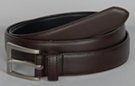 1-1/8" low gloss brown single stitch leather dress belt, top grain finish, rectangular 1-3/4" nickel polish buckle with leather keeper