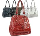 Snake skin embossed simulated patent leather tote