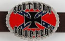 oval belt buckle with "Southern Choppers" and iron cross over rebel battle flag