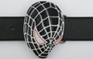 spider web head belt buckle, black and red on gray