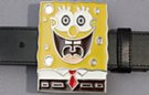 Square sponge man belt buckle, crazy happy yellow, white, black and red on chrome, 4 oz.