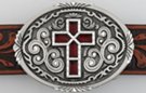 oval western pewter belt buckle with red "stained glass" cross in center